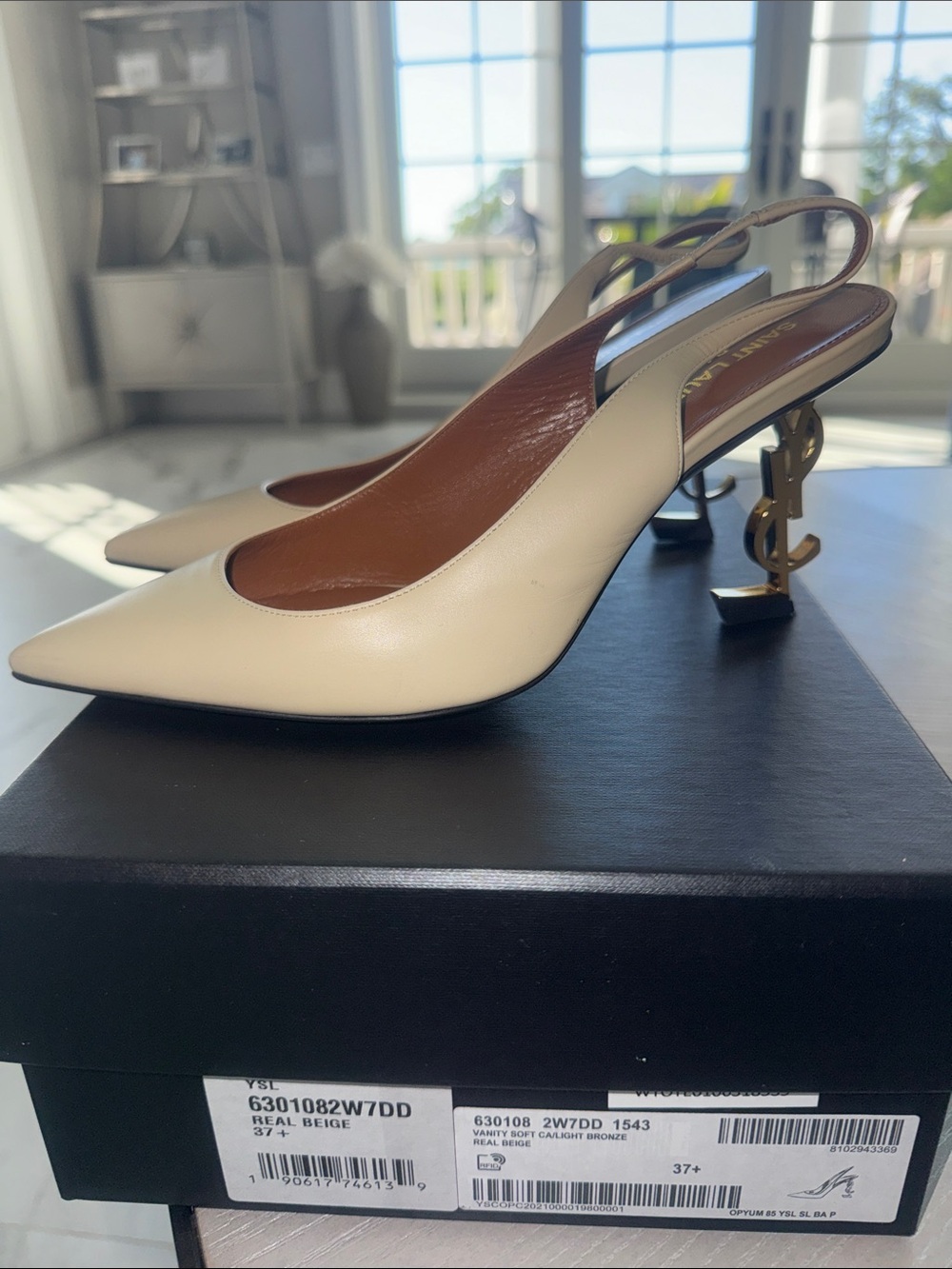 Saint Laurent Cream Leather Slingback Pumps with Gold YSL Heel